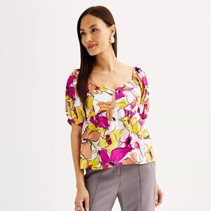 Nine West Womens Medium Multicolor Smocked Sweetheart Short Sleeve Crop Blouse